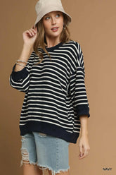 Umgee Ribbed Hem Striped Oversized Knit Top Navy OutfitFlow