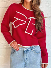 Contrast Trim Bow Accent Holiday Cropped Sweater Deep Red OutfitFlow