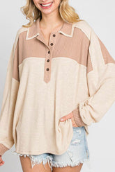 Waffle-Knit Color Block Half Button Long Sleeve Top Eggshell OutfitFlow