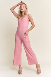 ADORA Ribbed V-Neck Wide Leg Jumpsuit with Pockets 2TONE PINK OutfitFlow