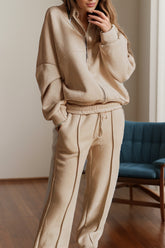 Zip Up Long Sleeve Top and Pants Set Tan OutfitFlow