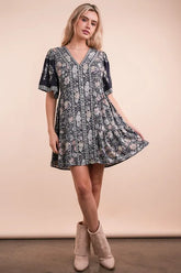 VERY J Shirring Detail Printed Woven Mini Dress Navy Mix OutfitFlow