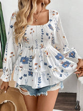 Smocked Floral Scoop Neck Flounce Sleeve Blouse White OutfitFlow