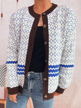 Geometric Pattern Button Up Cardigan Blue One Size OutfitFlow