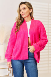 Woven Right Rib-Knit Open Front Drop Shoulder Cardigan Hot Pink OutfitFlow