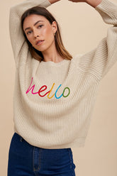 Annie Wear HELLO Embroidered Raglan Sleeve Sweater Oatmeal OutfitFlow