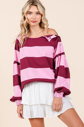 Mittoshop Striped Snap Shoulder Long Sleeve T-Shirt Pink Wine OutfitFlow