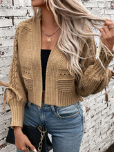 Cable-Knit Tied Open Front Lantern Sleeve Cardigan Camel OutfitFlow