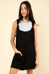 VERY J Tie Shoulder Front Pocket Romper Black OutfitFlow