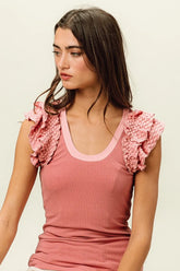BiBi Rib Knit With Textured Ruffled Top DUSTY ROSE OutfitFlow