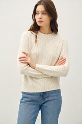 Be Cool Heathered Round Neck Long Sleeve Sweater Cream OutfitFlow