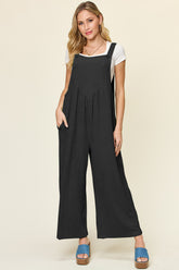 Double Take Full Size Texture Sleeveless Wide Leg Overall Black OutfitFlow