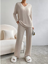 Ribbed Knit Long Sleeve Top and Pants Set Apricot OutfitFlow