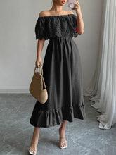 Off-Shoulder Lace Ruffle Midi Dress Dark Gray OutfitFlow