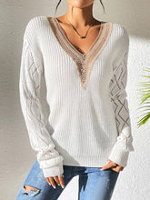 Openwork V-Neck Long Sleeve Sweater White OutfitFlow