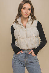 Love Tree Zip Up Turtleneck Cropped Vest Coat Cream OutfitFlow