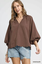 Umgee Full Size Textured Notched Balloon Sleeve Blouse Plus Size Chocolate OutfitFlow