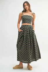 MABLE Floral Crop Top and Skirt Set Black OutfitFlow