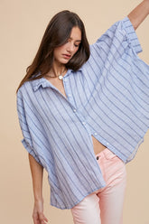 Annie Wear Striped Button Up Half Sleeve Shirt Lt Blue OutfitFlow