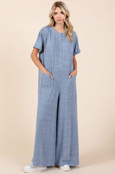 Mittoshop Button Detail Short Sleeve Wide Leg Jumpsuit Dusty Blue OutfitFlow