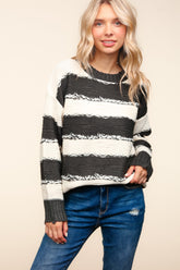 Haptics Striped Contrast Distressed Sweater Charcoal Ivory OutfitFlow
