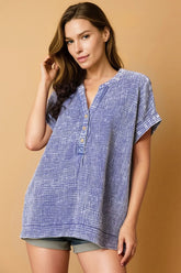 Zenana Washed Double Gauze 3/4 Button Henley Neck Shirt MARLIN OutfitFlow