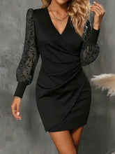 Ruched Surplice Long Sleeve Dress Black OutfitFlow