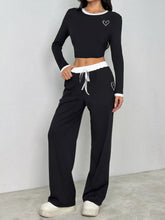 Contrast Trim Crop Top and Wide Leg Pants Set Black OutfitFlow