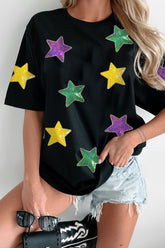 Sequin Stars Patched Round Neck T-Shirt Black OutfitFlow