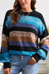 Contrast Striped Round Neck Drop Shoulder Sweater Blue OutfitFlow