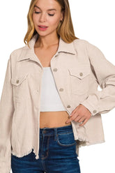 Zenana Distressed Corduroy Frayed Hem Cropped Jacket SAND BEIGE OutfitFlow