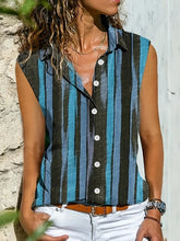 Button Detail Striped Sleeveless Shirt Sky Blue OutfitFlow