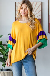 Heimish Full Size Round Neck Color Block Ruffled Half Sleeve Top Plus Size Gold OutfitFlow