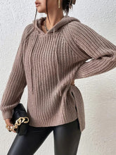 High-Low Side Slit Drawstring Long Sleeve Hooded Sweater Mocha One Size OutfitFlow
