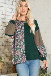 Celeste Full Size Floral Color Block Exposed Seam T-Shirt Hunter Green OutfitFlow