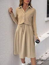 Perfee Fake Two Piece Collared Neck Long Sleeve Midi Dress Tan OutfitFlow