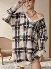 Distressed Plaid V-Neck Long Sleeve Sweater Dress Tan One Size OutfitFlow
