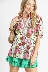 Umgee Floral Print Puff Sleeve Oversized Blouse Blush Pink OutfitFlow