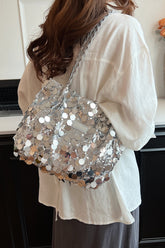 Sequin Braided Strap Shoulder Bag Silver One Size OutfitFlow