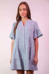 VERY J Mineral Washed Baby Bell Sleeve Woven Mini Dress Denim OutfitFlow