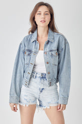 RISEN Full Size Button Down Cropped Denim Jacket Light OutfitFlow