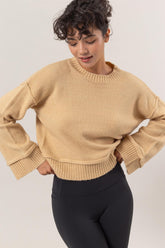 HYFVE Round Neck Dropped Shoulder Ribbed Sweater Taupe OutfitFlow