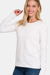 Zenana Full Size Solid Color Round Neck Long Sleeve T-Shirt White OutfitFlow