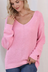V-Neck Drop Shoulder Sweater Blush Pink OutfitFlow