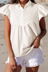 Lace Patchwork Ruffled Cap Sleeve Blouse White OutfitFlow