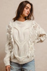 BiBi Faux Fur Detailed Pointelle Cable Knit Sweater IVORY OutfitFlow
