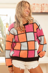 BiBi Multi Color Checker Pattern Sweater ORANGE PINK DENIM OutfitFlow