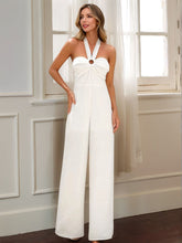 Halter Neck Wide Leg Jumpsuit White OutfitFlow