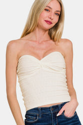 Zenana Ruched Twisted Sweetheart Neck Top Ivory OutfitFlow