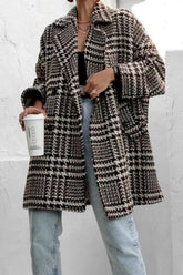 Houndstooth Collared Neck Long Sleeve Coat with Pockets Brown OutfitFlow